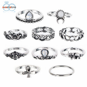 SUSENSTONE 10PC Flowers Moon Band Above Middle Knuckle Alloy Rings Set