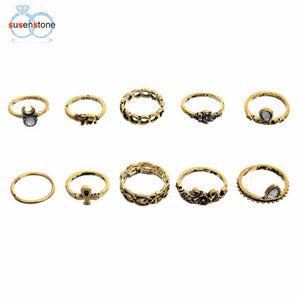 SUSENSTONE 10PC Flowers Moon Band Above Middle Knuckle Alloy Rings Set