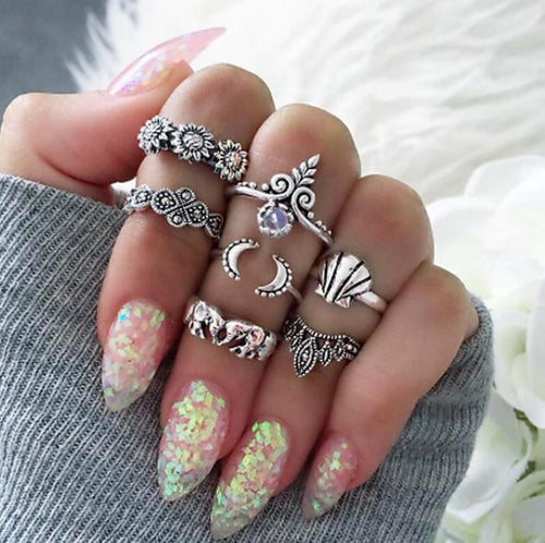 Vintage 7 pcs Bohemian Beach Opal Ring Set Ethnic Antique Silver Color Water Drop Midi Finger Boho Rings Set Charm Anell #45