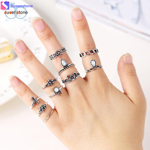 SUSENSTONE 10PC Flowers Moon Band Above Middle Knuckle Alloy Rings Set