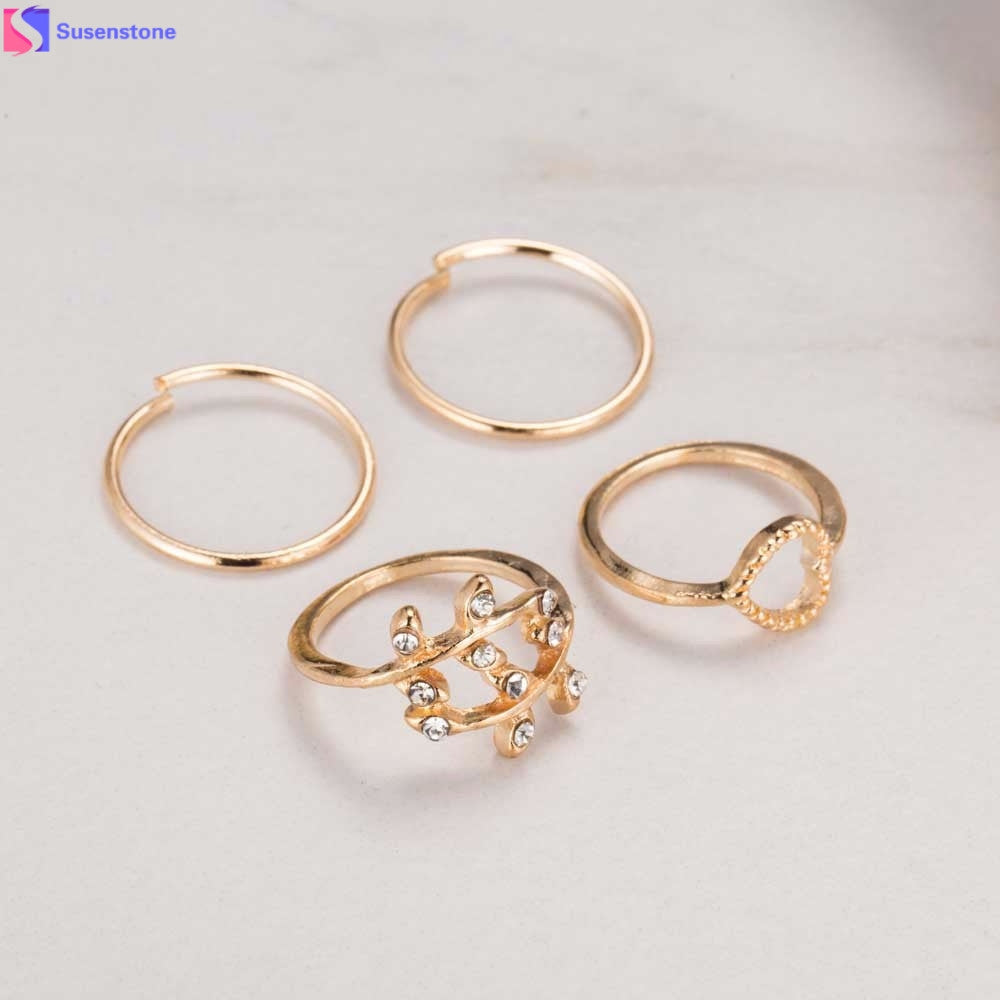 SUSENSTONE 2016 New Yang Fashion Gold Leaf Heart Joint Knuckle Nail Ring Set of Four Rings