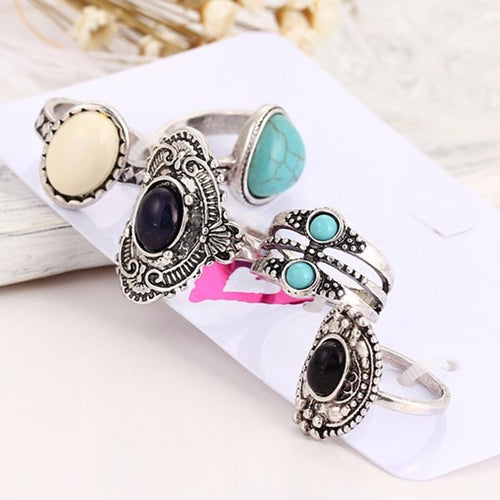 5 Pcs Vintage Turquoise Ring Set