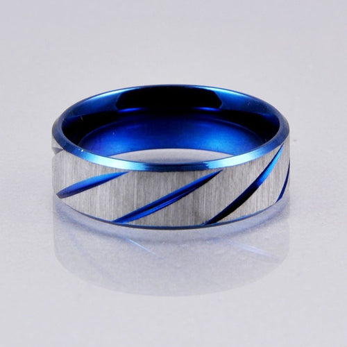 Mens Blue Silver Brushed Stainless Steel Traditional Wedding Band Ring 7mm