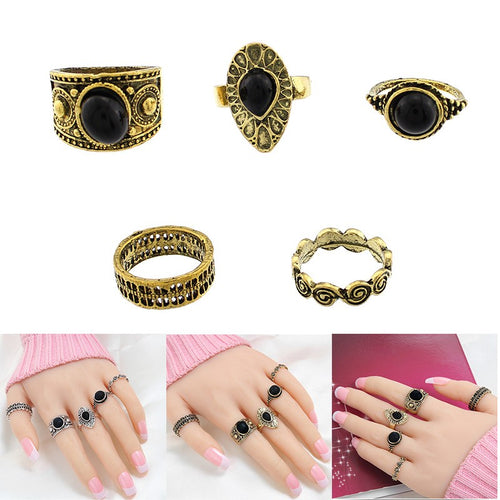 5 Pcs Antique Alloy Nature Black Stone Midi Finger Rings Set for Women's Retro Jewelry