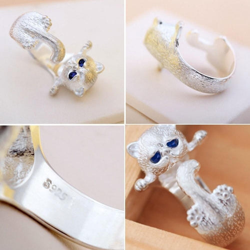 New 925 Sterling Silver Diamond Retro Lovely Kitty Open Ring